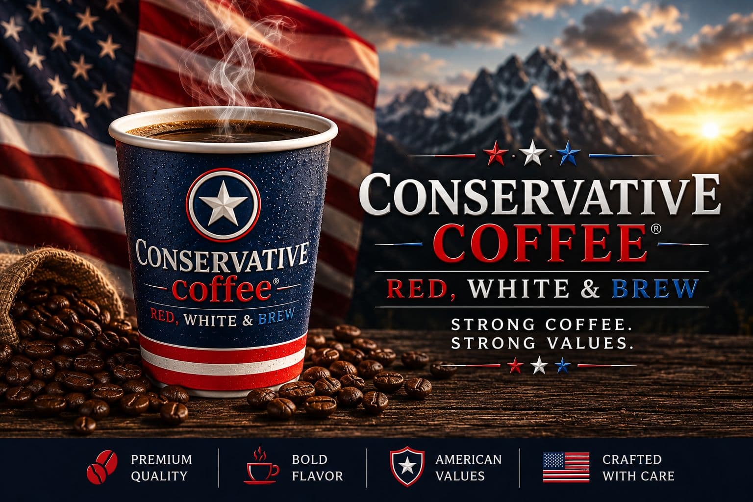 A Conservative Coffee to-go cup in navy and red, steaming, set on weathered wood in front of an American flag with mountains at sunrise behind it.