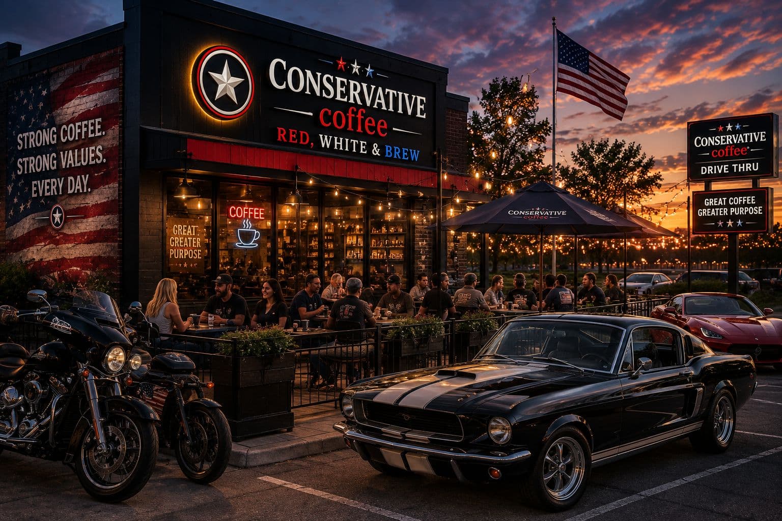 The Conservative Coffee shop at sunset, its lit sign reading Red, White & Brew, the patio full of customers at long tables under string lights, an American flag flying and motorcycles and a classic Mustang parked out front.