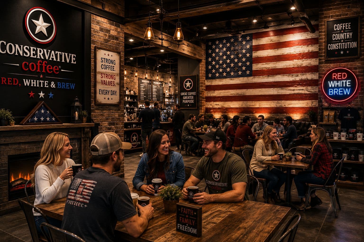 Inside the Conservative Coffee shop: two couples laughing over mugs at a reclaimed wood table by the fireplace, a large wooden American flag on the brick wall, a red neon Red White Brew sign, merch shelves of mugs and bags, and a full room of customers behind them.